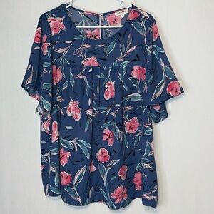 Andree By Unit Multicolored Floral Short Sleeve Blouse Sz 1X Back Key Hole